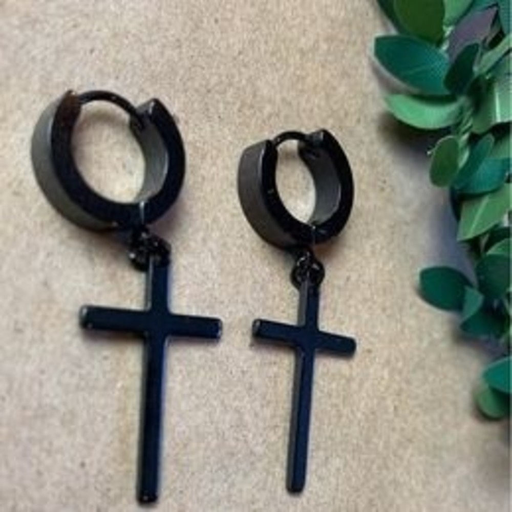 Mens Black Stainless Steel Earrings Set  - Black Dangle-Hinged Hoop Earrings